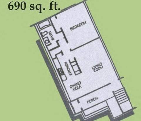 Floor plan for 1 bed, 1 bath, 690 sqft